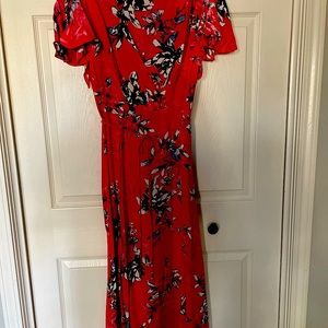Full length floral print empire waist flutter sleeve dress.  US sz 10 Red/Black